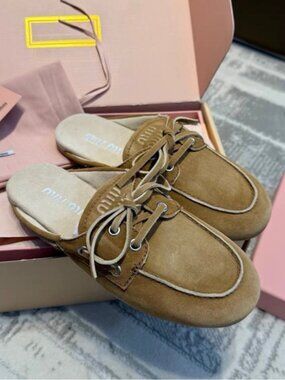 Miu Miu Camel Suede Lace-Up Mule Loafers